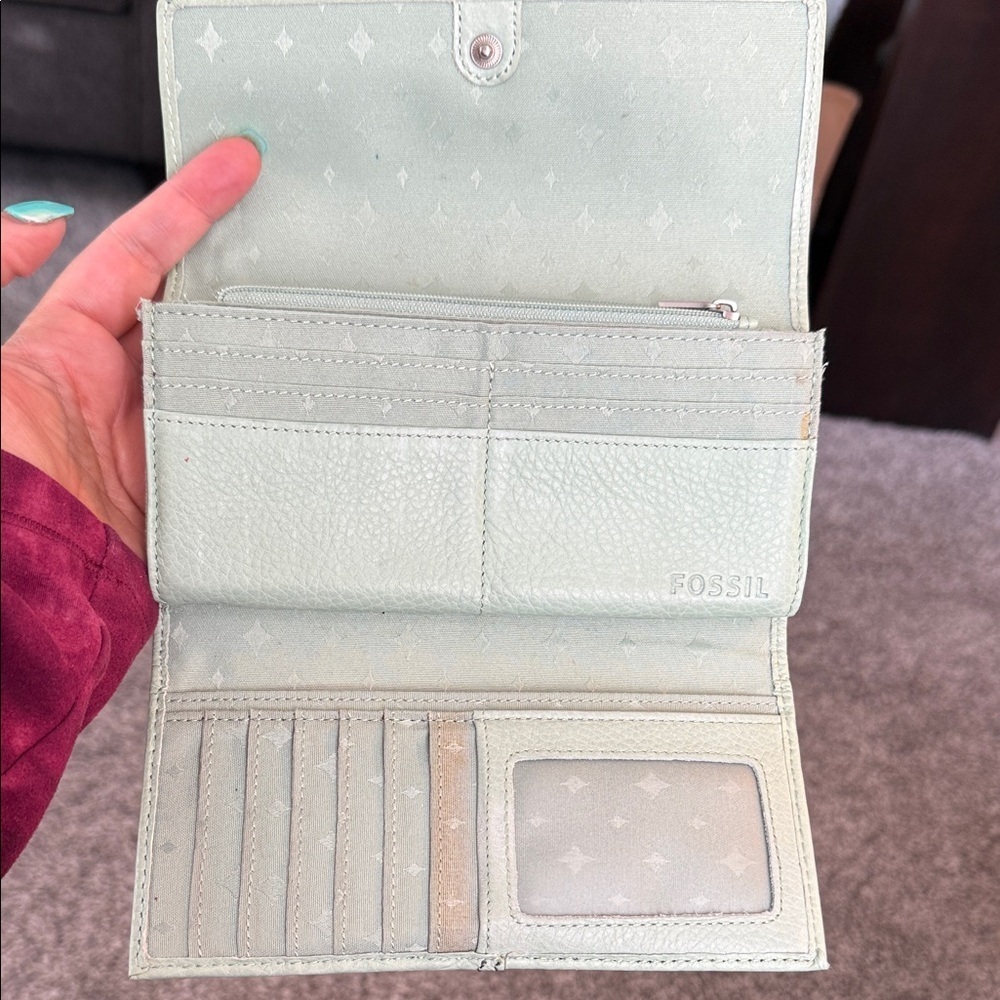 Fossil Women's Green Leather Wallet mint clutch card holder purse silver - Picture 6 of 9